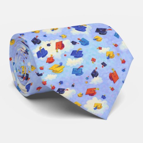 Graduation Cap Toss Blue Pattern Neck Tie