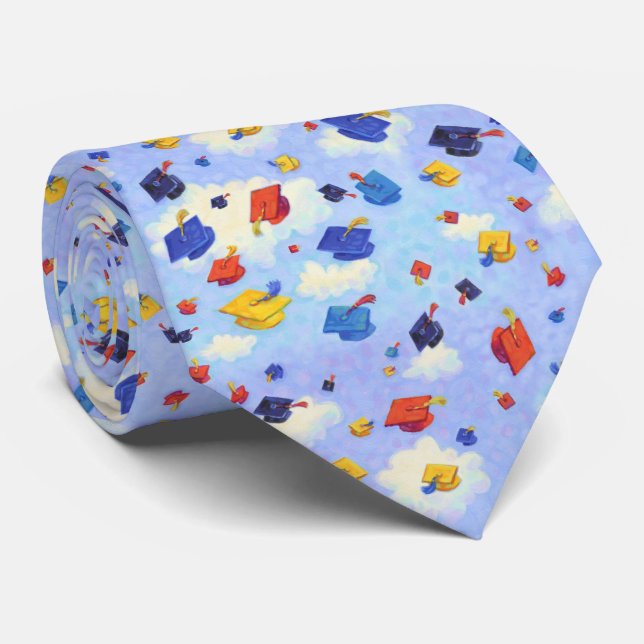 Graduation Cap Toss Blue Pattern Neck Tie (Rolled)
