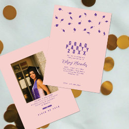 Graduation Cap Toss Blush Pink & Purple Grad Party Invitation