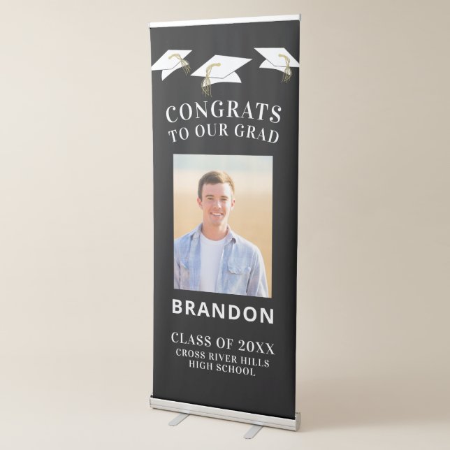 Graduation Cap Toss CONGRATS GRAD Photo Black Retractable Banner (3/4)