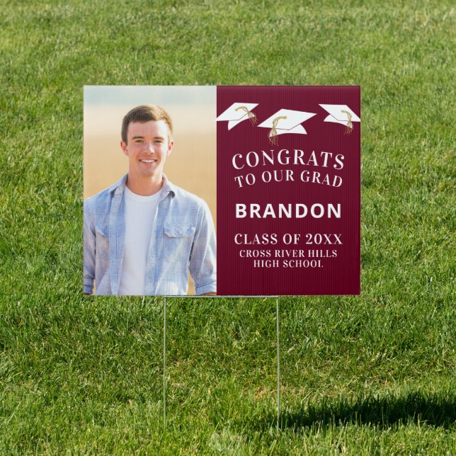 Graduation Cap Toss CONGRATS GRAD Photo Maroon Sign (Insitu)