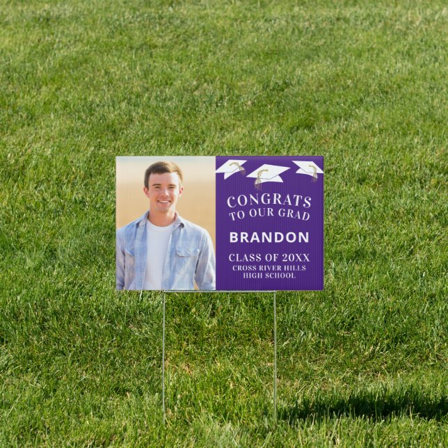 Graduation Cap Toss CONGRATS GRAD Purple Sign (Insitu)