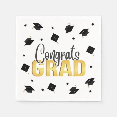 Graduation Cap Toss Napkins Black Gold Stars