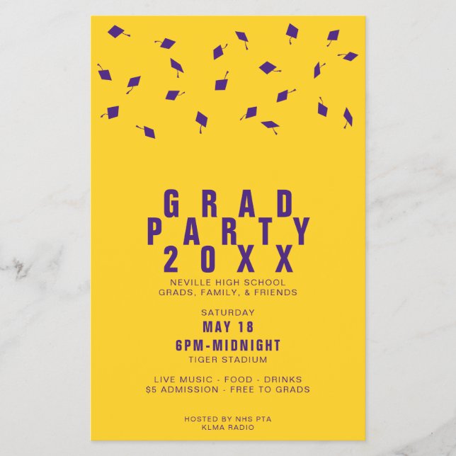 Graduation Cap Toss Purple & Gold Grad Party Flyer (Front)