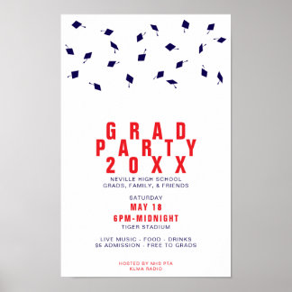 Graduation Cap Toss Red & Blue Grad Party Poster
