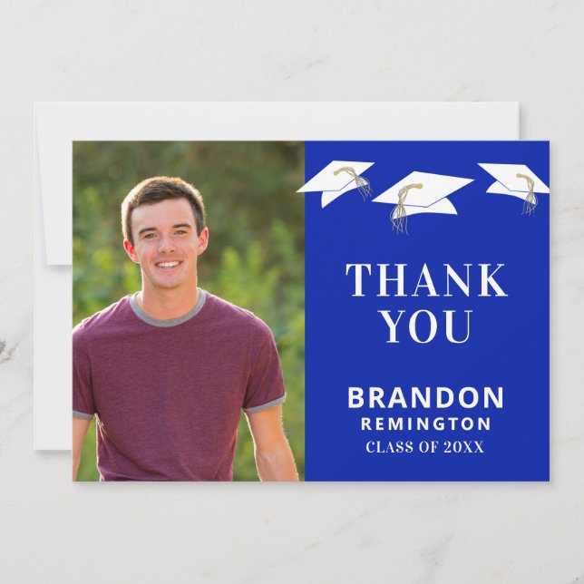 Graduation Cap Toss Royle Blue Gold Graduation Thank You Card (Front)
