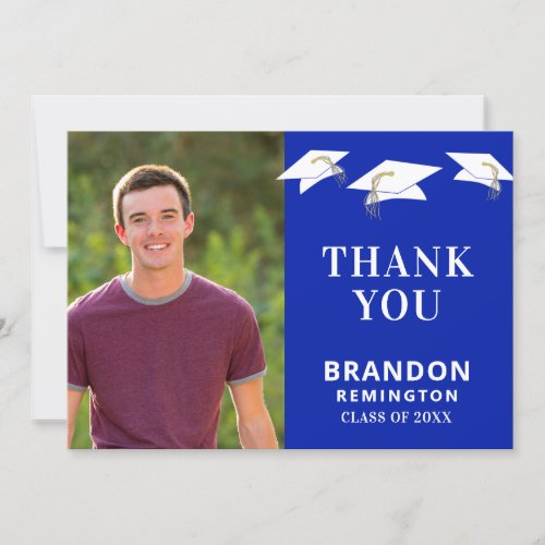 Graduation Cap Toss Royle Blue Gold Graduation Thank You Card