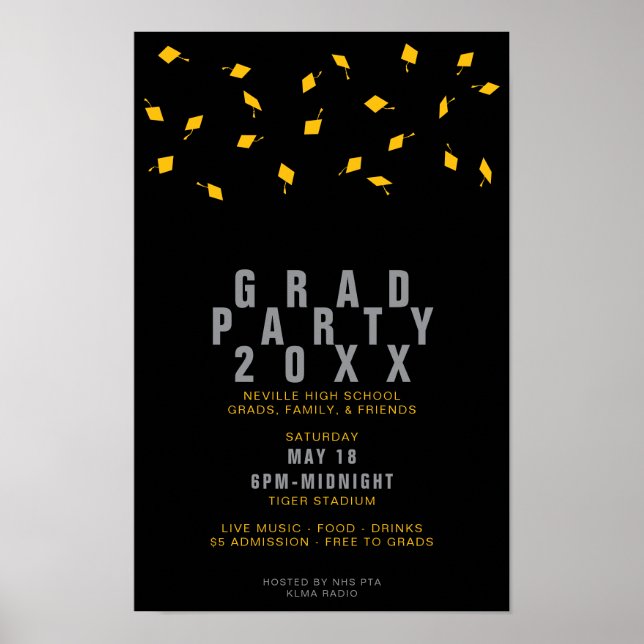 Graduation Cap Toss Silver & Gold Grad Party Poster (Front)