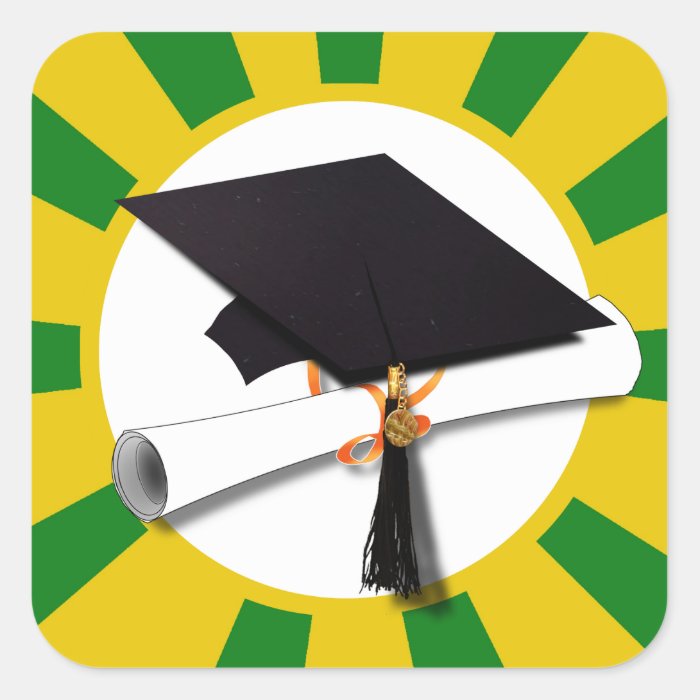 Graduation Cap w/Diploma (1)   Gold &  Green Square Stickers