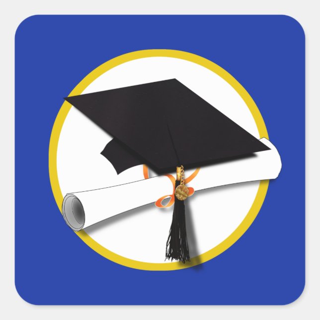 Graduation Cap w/Diploma - Blue Square Sticker (Front)