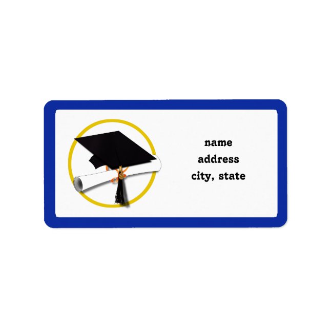 Graduation Cap w/Diploma - Dark Blue Background Label (Front)