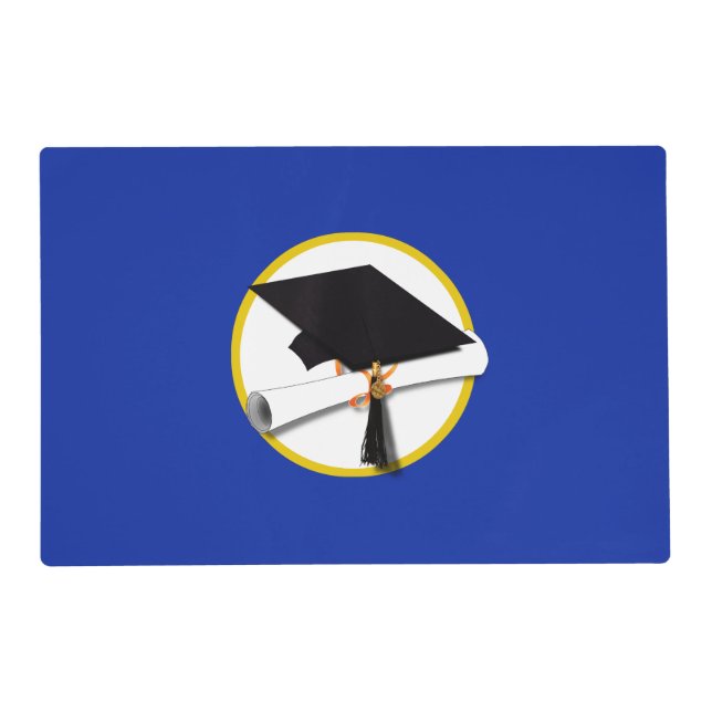Graduation Cap w/Diploma - Dark Blue Background Placemat (Front)