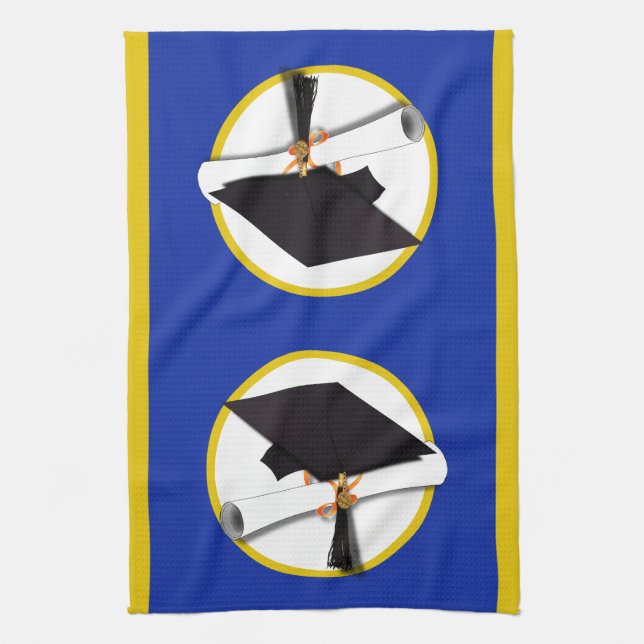 Graduation Cap w/Diploma - Dark Blue Background Towel (Vertical)