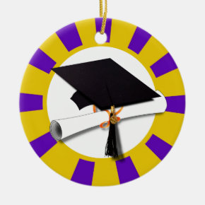 Graduation Cap w/Diploma - Gold & Purple Ceramic Ornament