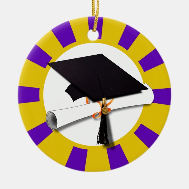 Graduation Cap w/Diploma - Gold & Purple Ceramic Ornament (Front)
