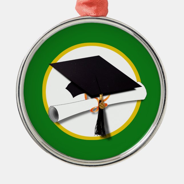 Graduation Cap w/Diploma - Green Background Metal Ornament (Front)
