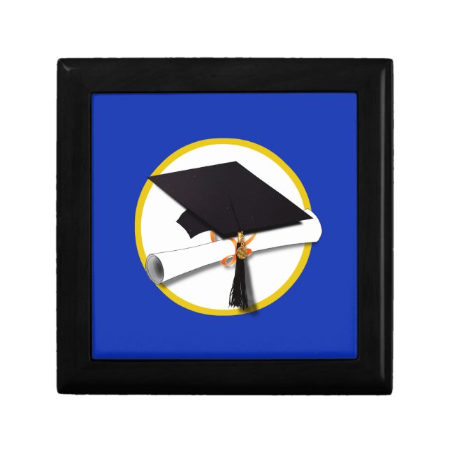 Graduation Cap w/Diploma on Blue   Keepsake Box (Front)
