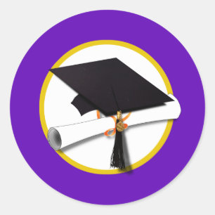 Graduation Cap w/Diploma - Purple Background Classic Round Sticker