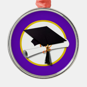 Graduation Cap w/Diploma - Purple Background Metal Ornament