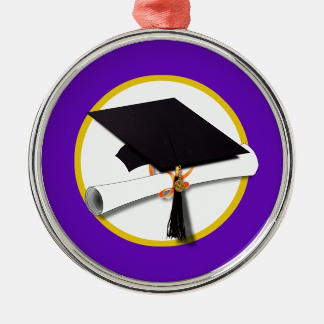 Graduation Cap w/Diploma - Purple Background Metal Ornament (Front)