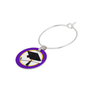 Graduation Cap w/Diploma - Purple Background Wine Glass Charm