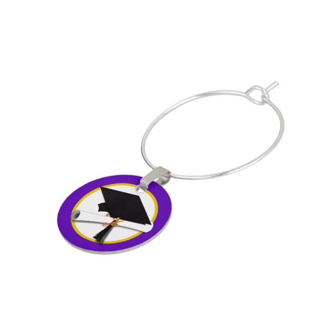 Graduation Cap w/Diploma - Purple Background Wine Glass Charm (Side)