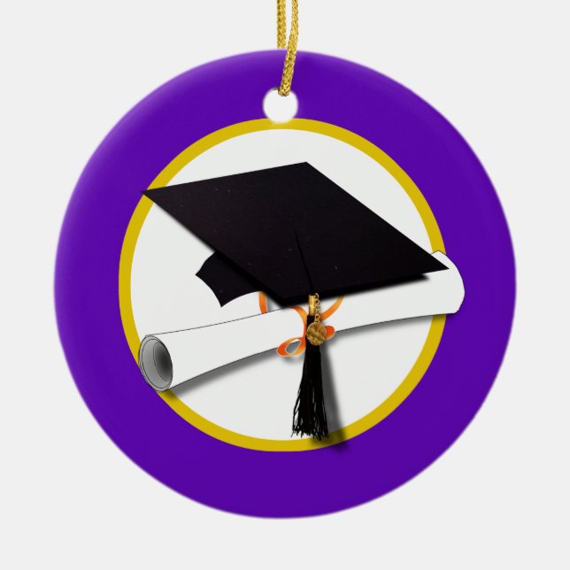 Graduation Cap w/Diploma - Purple Ceramic Ornament (Front)