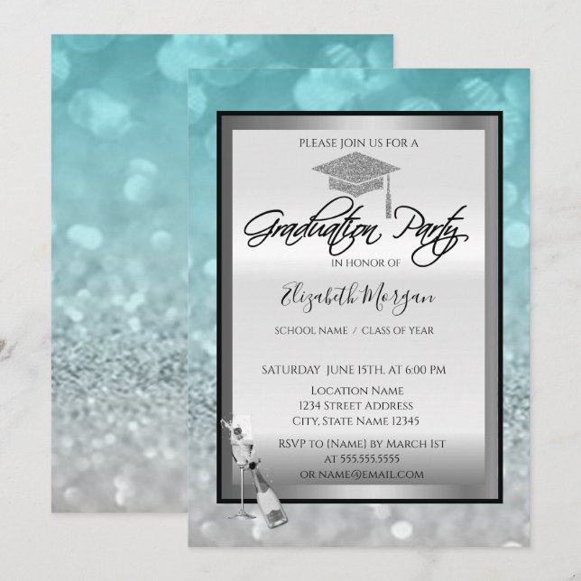 Graduation Cap,Wine Glass Bokeh Silver Graduation Invitation (Front/Back)