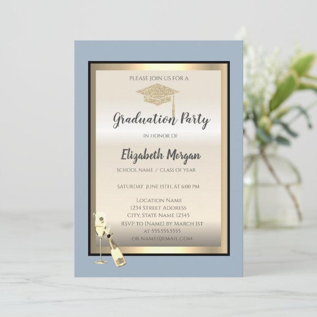 Graduation Cap,Wine Glass Dusty Blue Graduation Invitation (Standing Front)