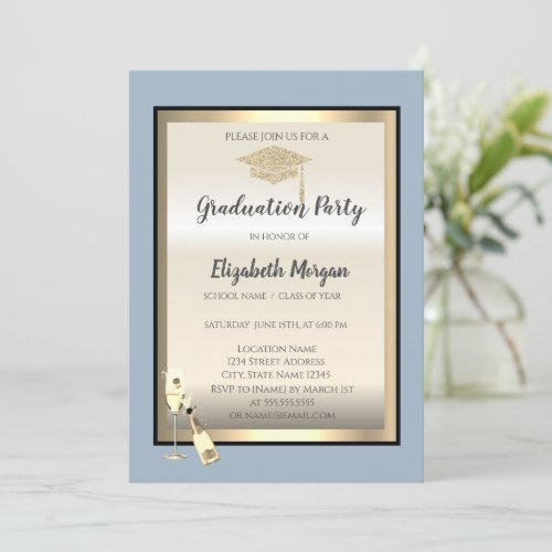 Graduation CapWine Glass Dusty Blue Graduation Invitation