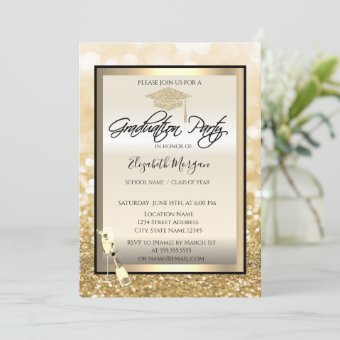 Graduation Cap,Wine Glass Gold Bokeh Graduation Invitation | Zazzle