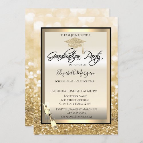 Graduation CapWine Glass Gold Bokeh Graduation Invitation