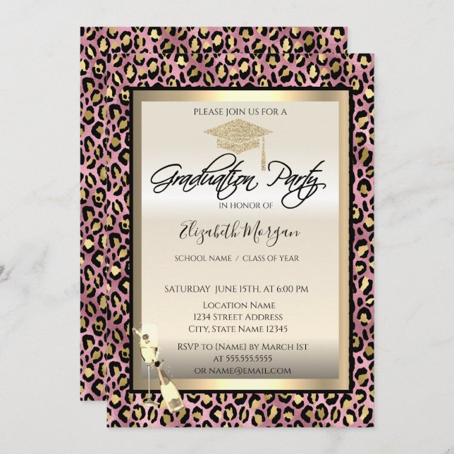 Graduation Cap,Wine Glass Leopard Print Graduation Invitation (Front/Back)