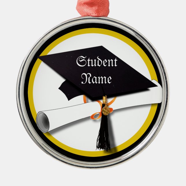 Graduation Cap with Diploma and Gold Circle Metal Ornament (Front)