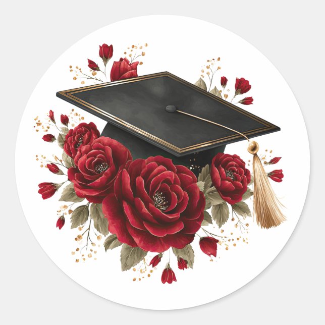 Graduation Cap with Red Roses Celebration Design Classic Round Sticker (Front)
