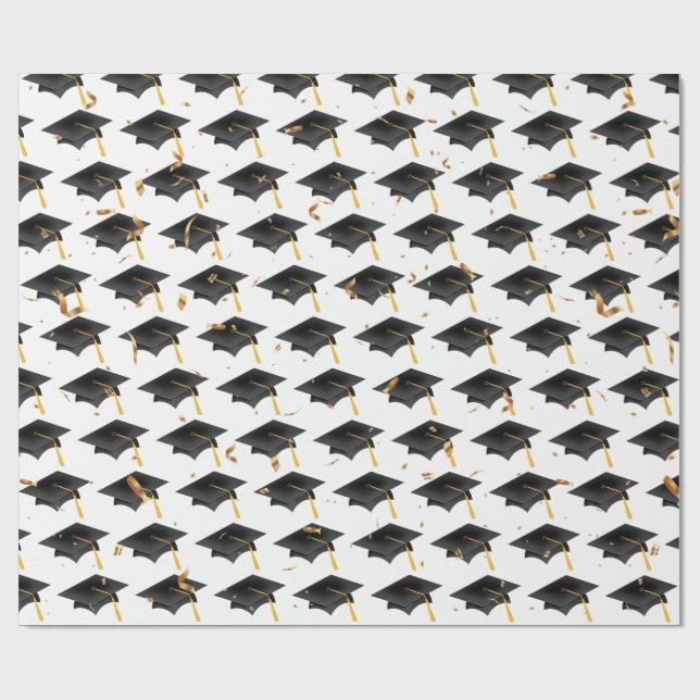 Graduation Caps and Gold Confetti Wrapping Paper (Flat)