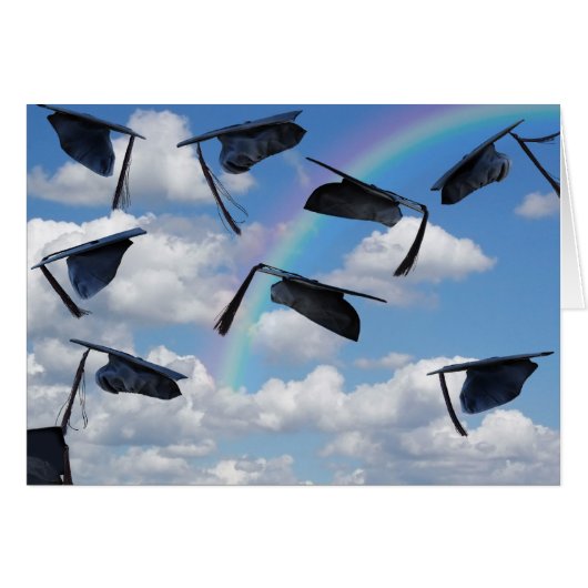 Graduation caps in sky with rainbow cards (Front Horizontal)