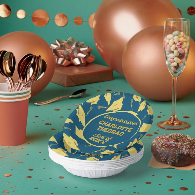 Graduation Caps Party Congratulations Blue & Gold Paper Bowls (Multi)