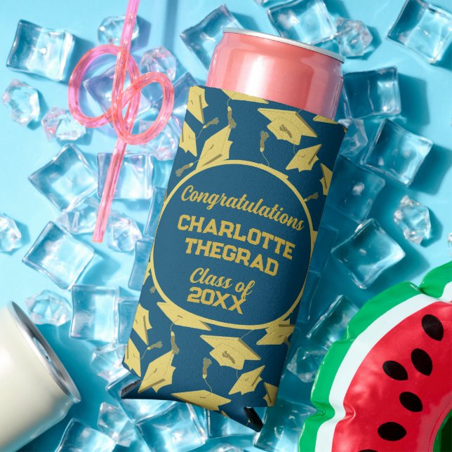 Graduation Caps Party Congratulations Blue & Gold Seltzer Can Cooler (In Situ Summer)