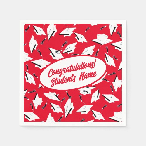 Graduation Caps Red and White Personalized Party Napkins