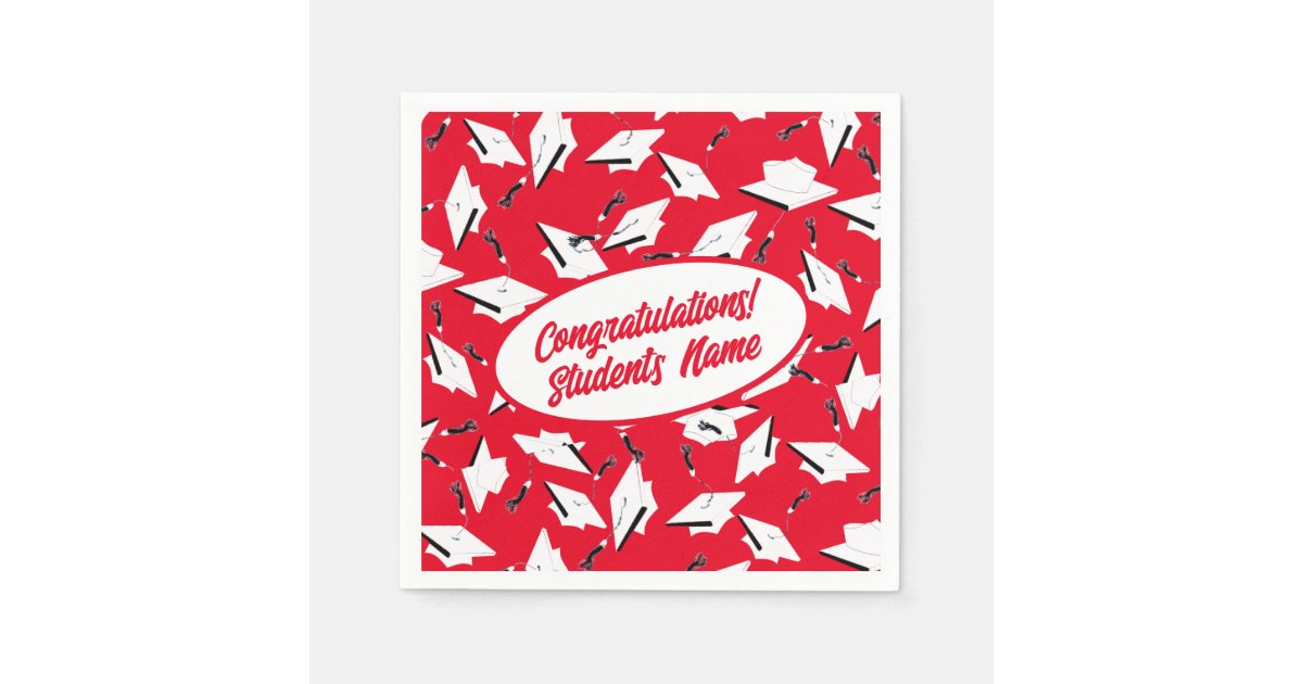 Graduation Caps Red and White Personalized Party Napkins | Zazzle