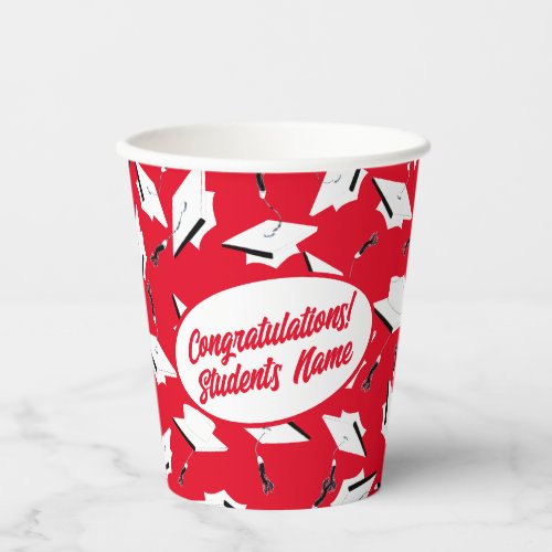 Graduation Caps Red and White Personalized Party Paper Cups