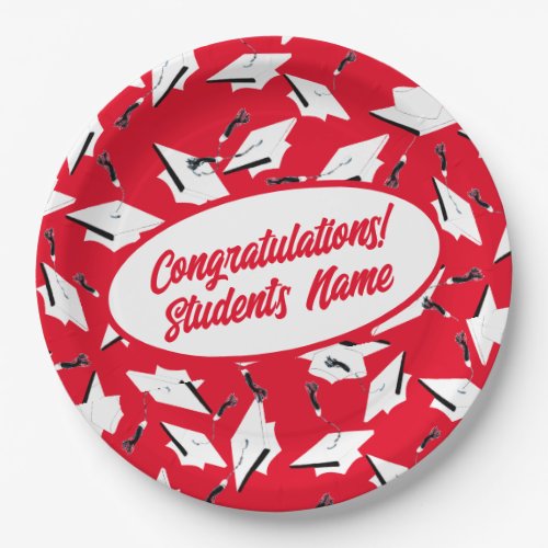 Graduation Caps Red and White Personalized Party Paper Plates