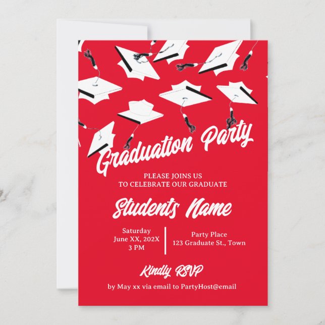 Graduation Caps Red and White Photo Grad Party Invitation (Front)