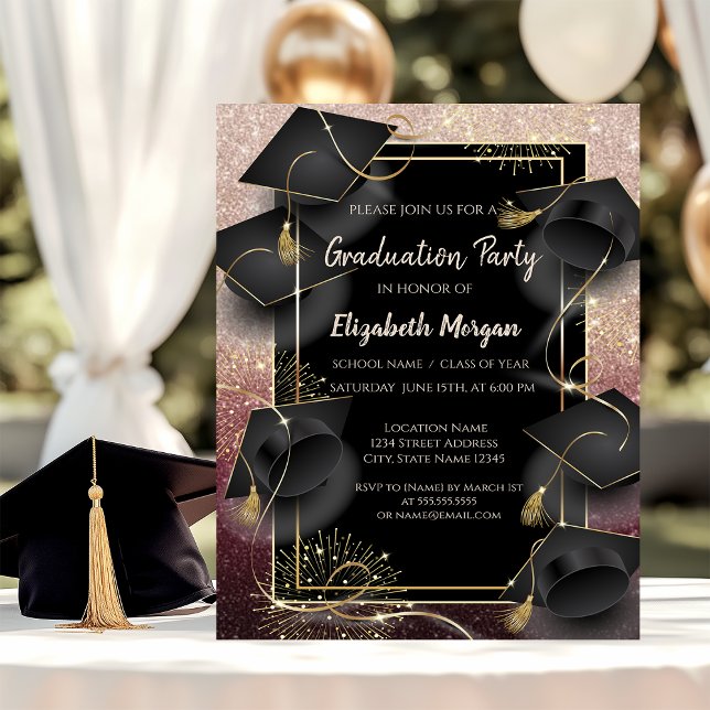 Graduation Caps Rose Gold Glitter Graduation Party Invitation (Creator Uploaded)