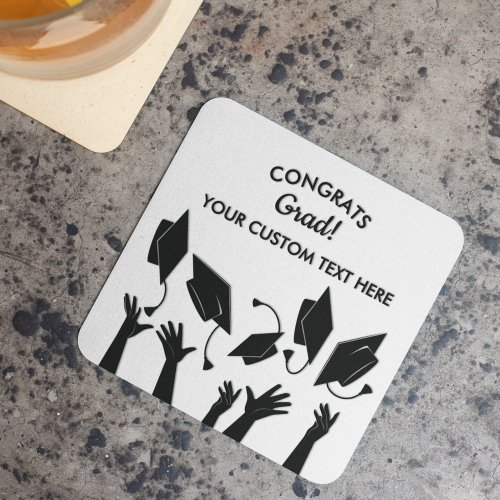 Graduation Caps Toss Modern Congrats Grad Custom Square Paper Coaster