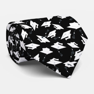 Graduation Caps Tossed Celebration White on Black Neck Tie