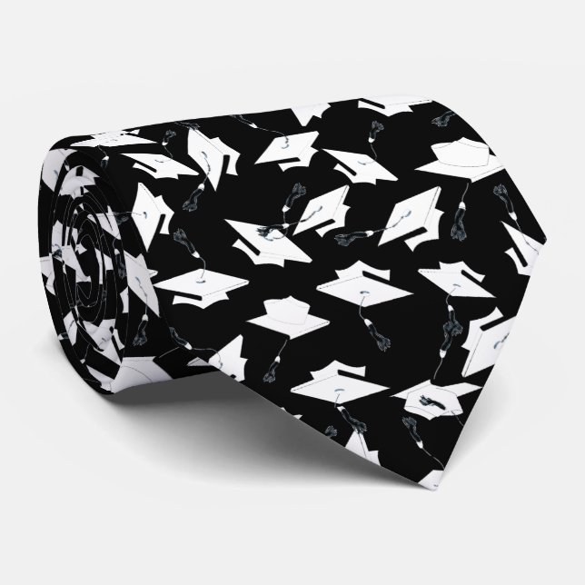 Graduation Caps Tossed Celebration White on Black Neck Tie (Rolled)