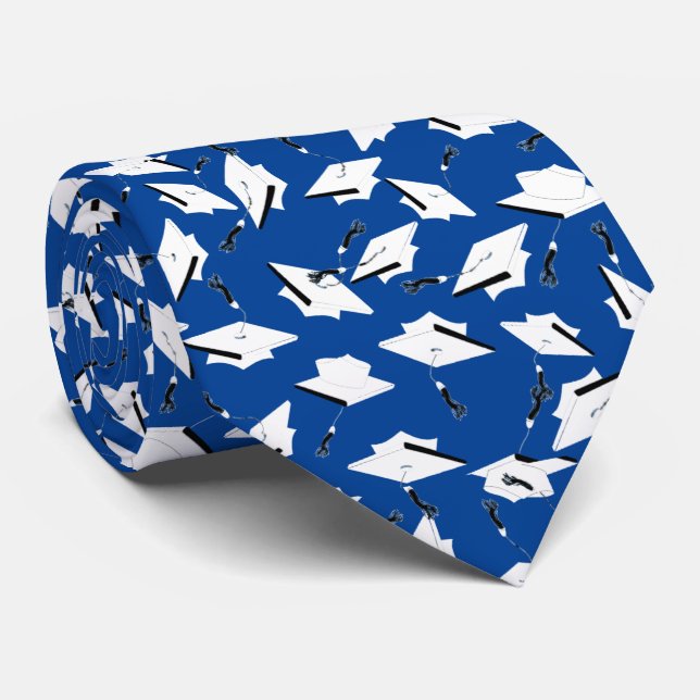 Graduation Caps Tossed Celebration White on Blue Neck Tie (Rolled)