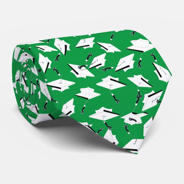Graduation Caps Tossed Celebration White on Green Neck Tie (Rolled)